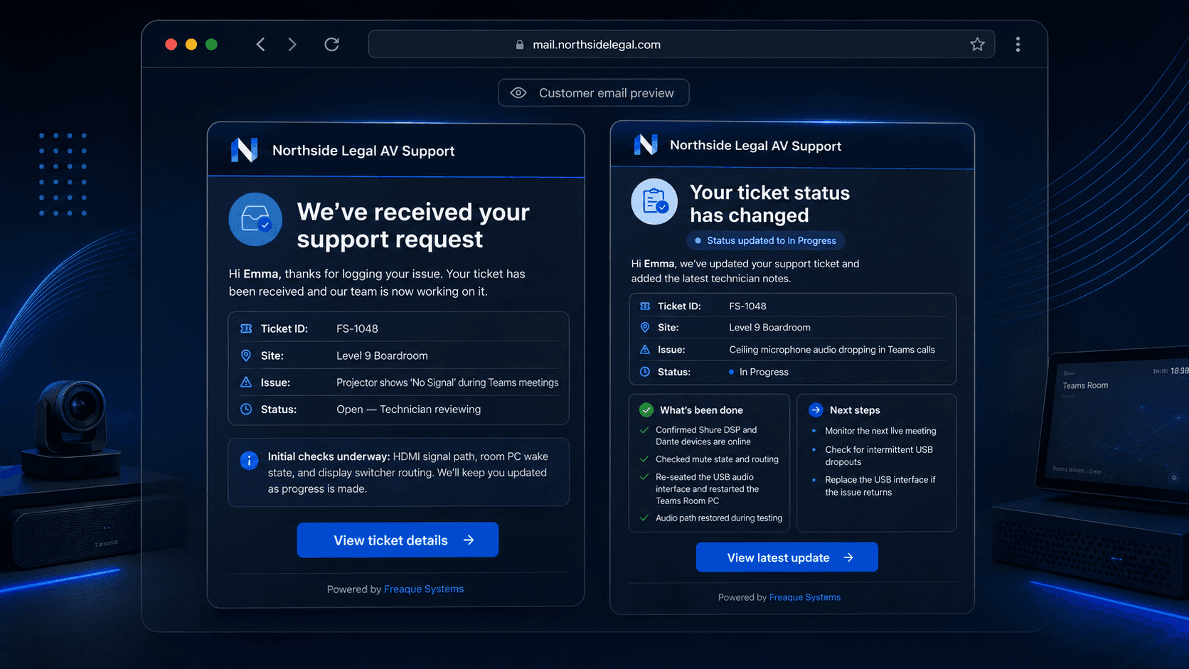 Freaque Systems customer email preview showing received ticket and status update examples
